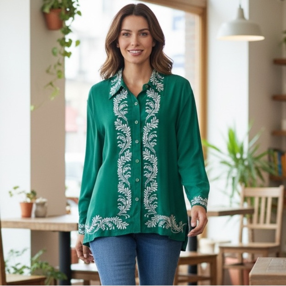 Vintage Deadstock NWT DVF Tunic Silk Assets Embroidered Button Front Top Size L